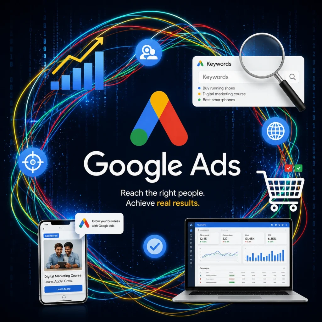 A vibrant digital illustration showcasing the Google Ads logo at the center with the tagline "Reach the right people. Achieve real results." The image highlights a Results-Driven Digital Marketer in Calicut utilizing online advertising tools, featuring graphic elements like an increasing growth bar chart, a keyword search bar with a magnifying glass, a target symbol, a shopping cart, a smartphone displaying a sponsored digital marketing course ad, and a laptop open to a comprehensive analytics dashboard tracking clicks, conversions, costs, and CTR against a dark blue background with colorful light trails.