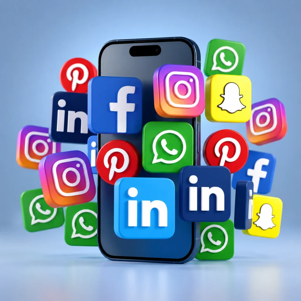 A 3D digital illustration of a smartphone surrounded by a cluster of floating social media app icons, showcasing the channels managed by a Results-Driven Digital Marketer in Calicut. The colorful icons include Facebook, Instagram, LinkedIn, WhatsApp, Pinterest, and Snapchat floating around the device on a clean, light blue background.